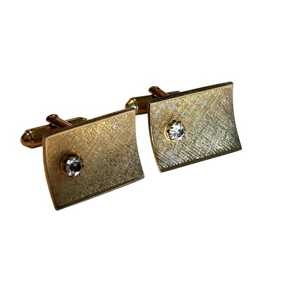 Mid Century gold textured cufflinks with prong set rhinestones vintage menswear - Picture 1 of 5